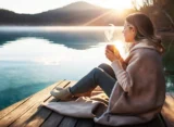 Mladá žena sedí u jezera s hrnkem kávy a relaxuje, aby uklidnila mysl a snížila stres