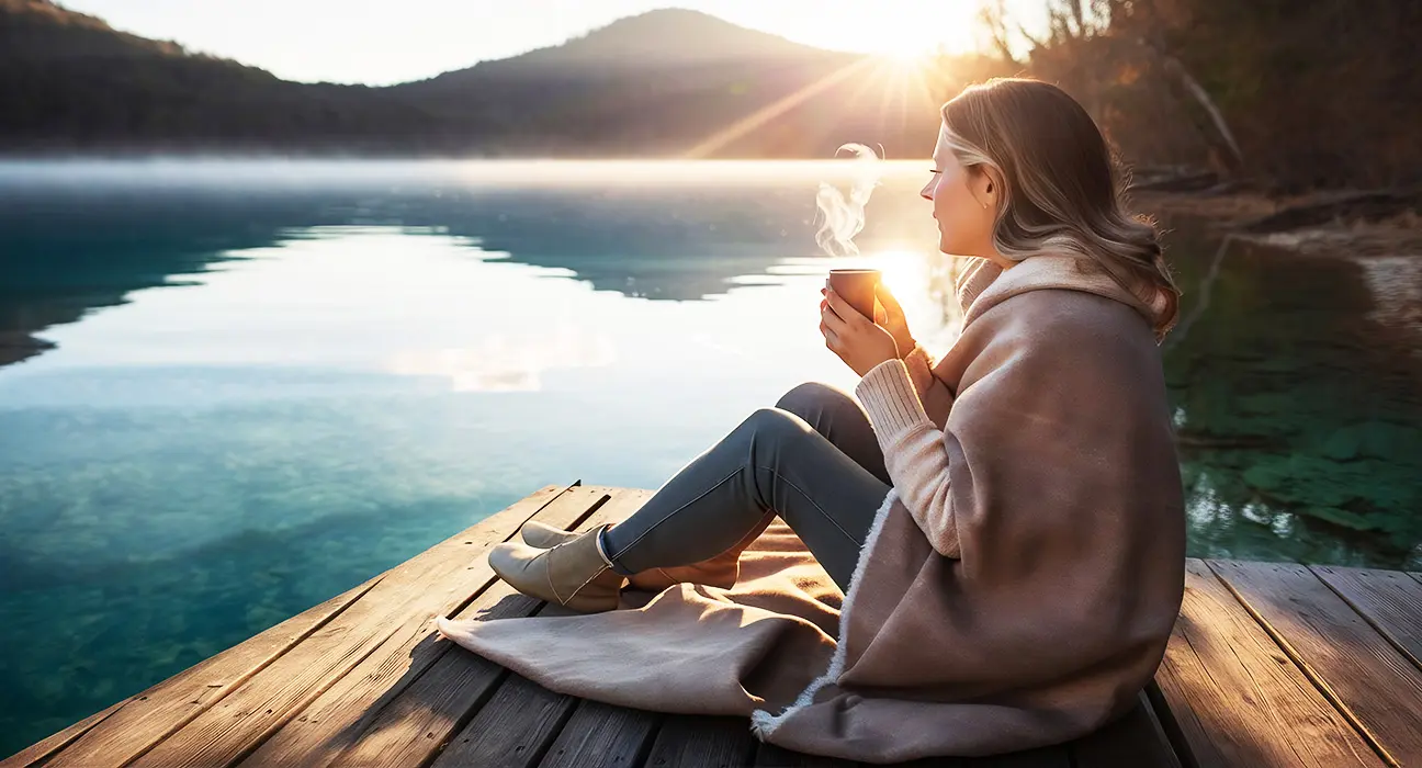 Mladá žena sedí u jezera s hrnkem kávy a relaxuje, aby uklidnila mysl a snížila stres