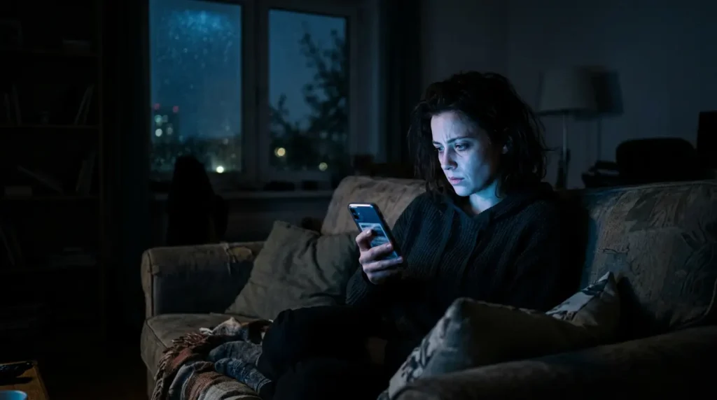 Člověk hypnotizovaný modrým světlem telefonu při doomscrollingu a čtení negativních zpráv