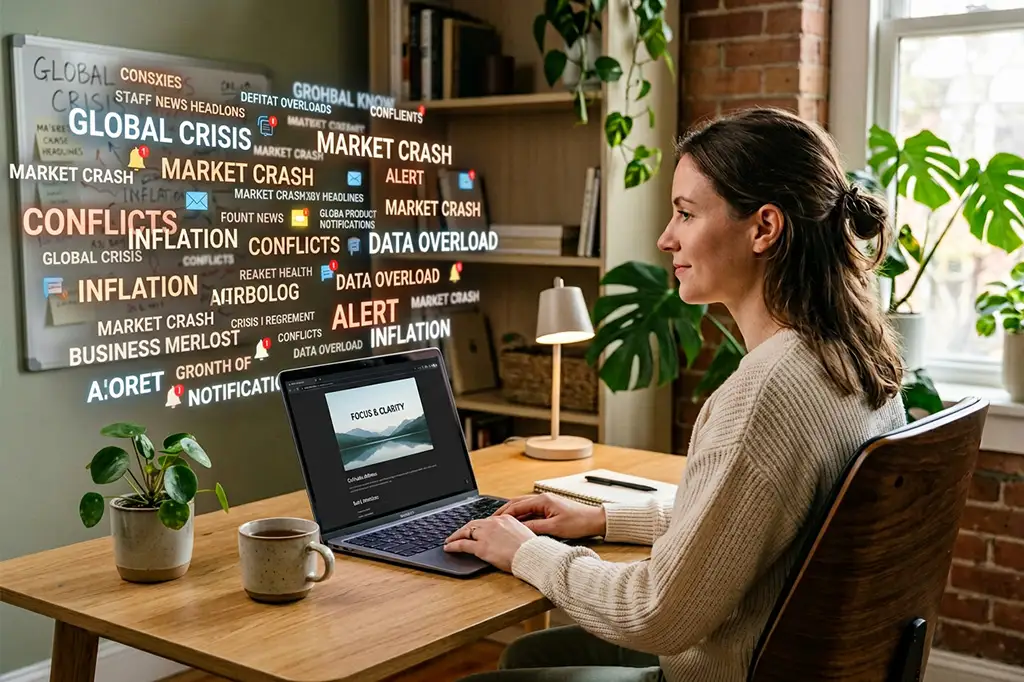 Žena v klidném domácím pracovním prostředí se odvrací od chaosu zpráv a upozornění a soustředí se na uklizenou digitální plochu v počítači.