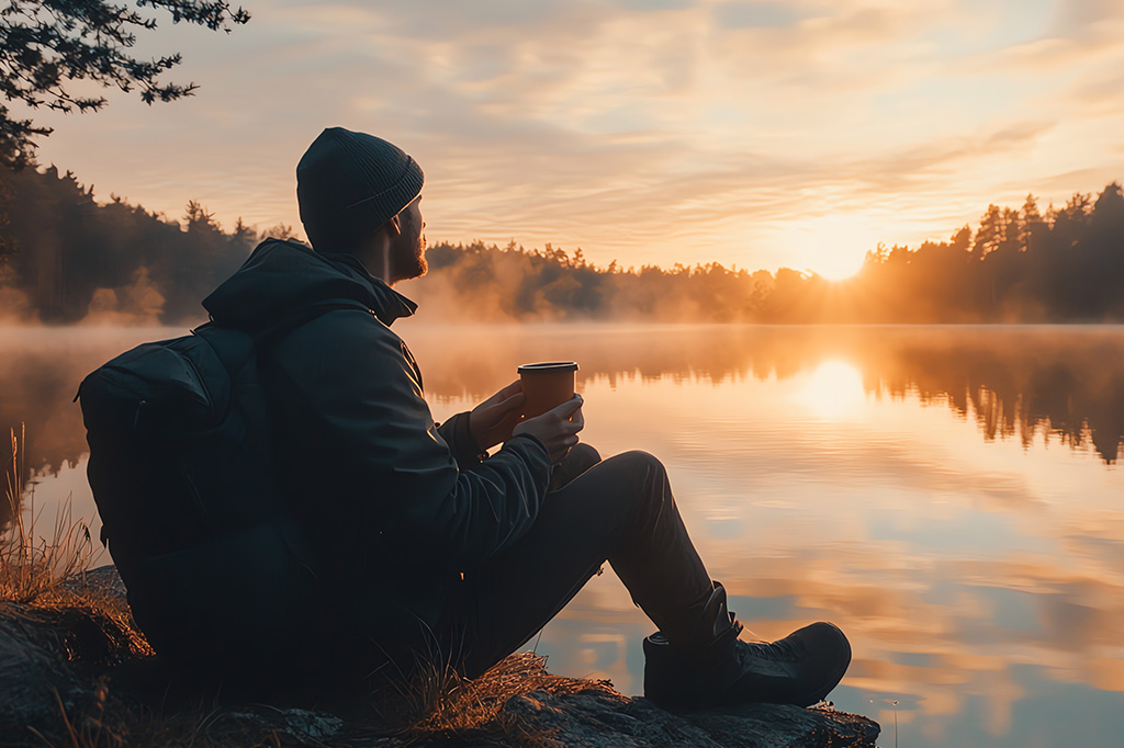 Muž relaxuje u vody a užívá si digitální detox