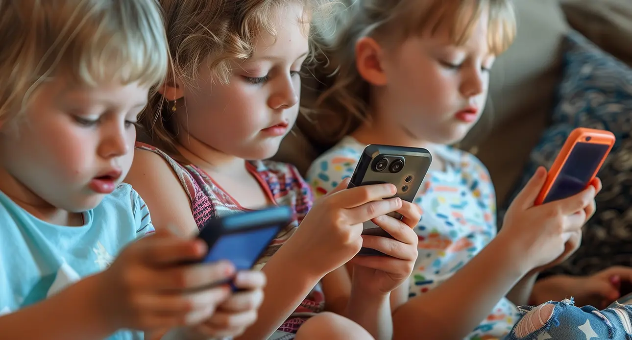 Děti s mobilními telefony v ruce