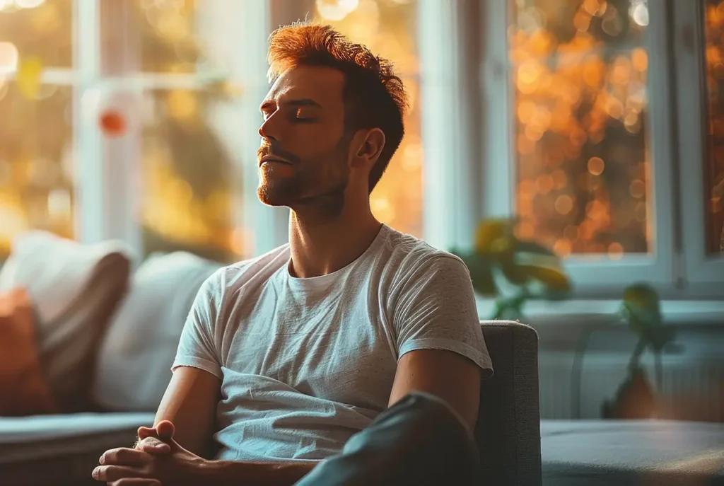 ladý muž sedí na sedačce se zavřenýma očima a přemýšlí v klidu jako součást práce se stresem a emocemi.
