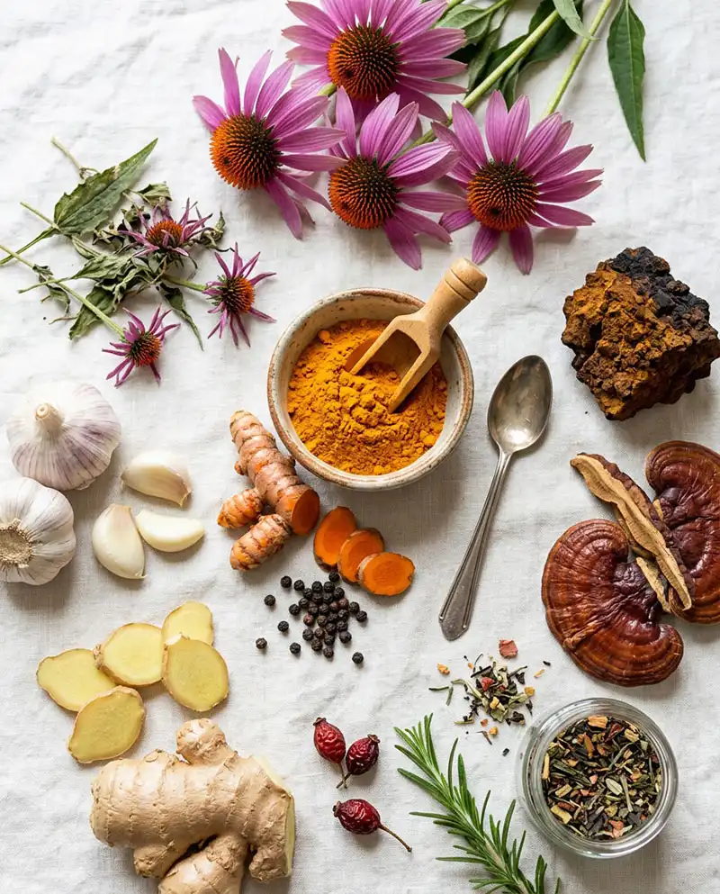 Echinacea, kurkuma, pepř, chaga, česnek, zázvor, šípky, kopřiva a další bylinky a koření pro posílení imunity.