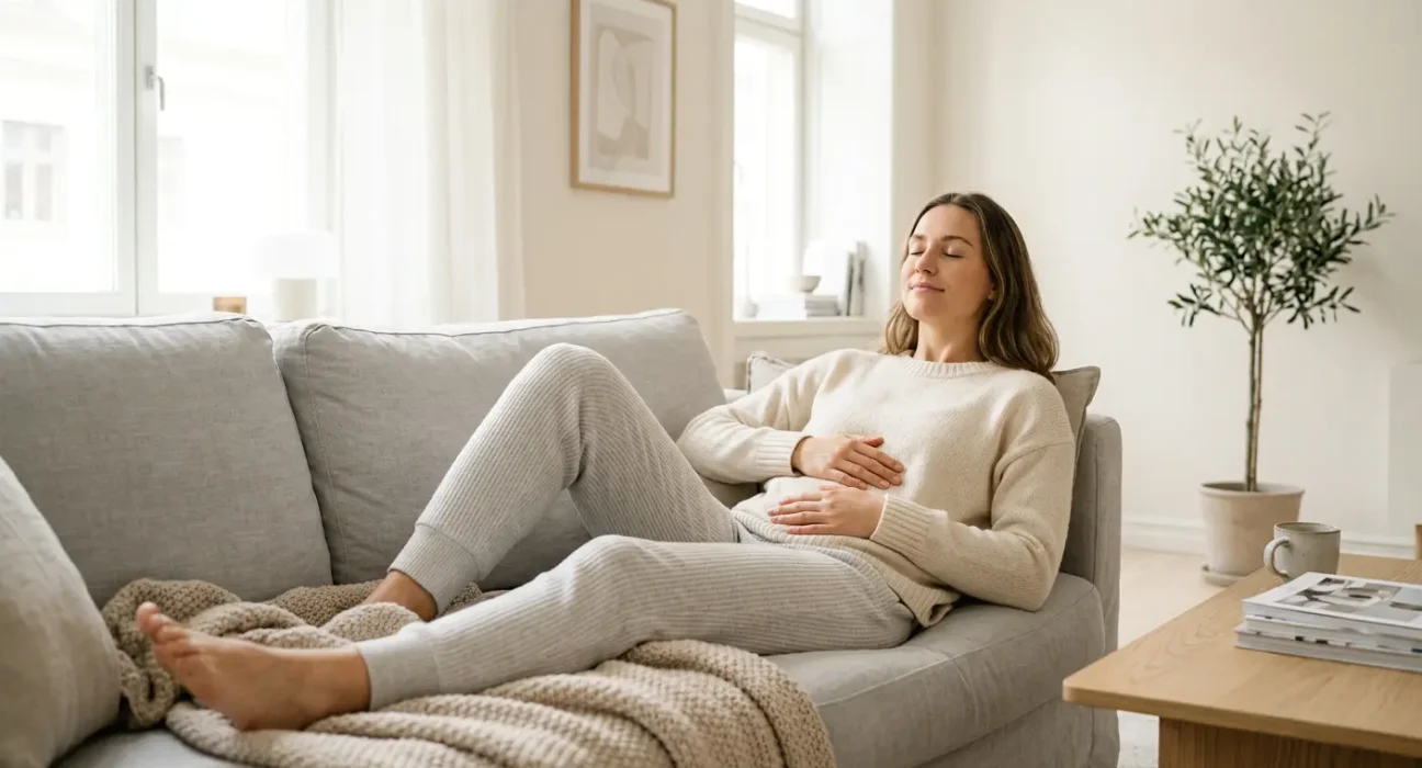 Žena relaxující v posteli s rukama na břiše, zobrazující úlevu při menstruačních bolestech a klidný odpočinek