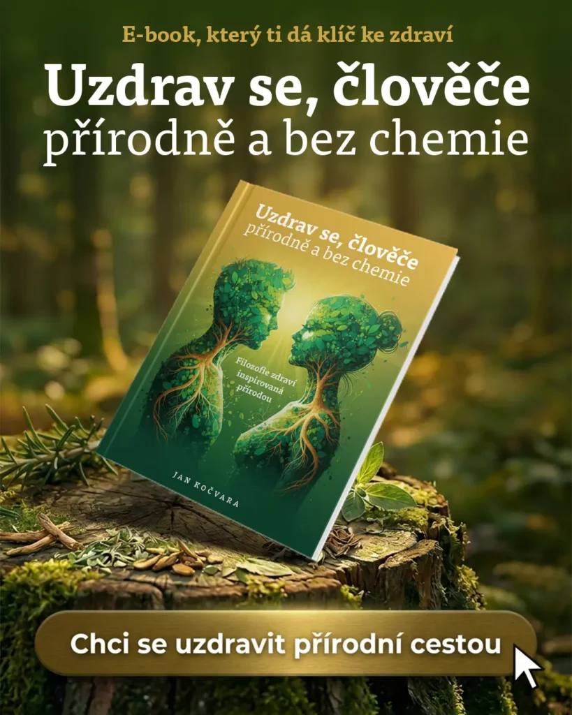 Obálka e-booku „Uzdrav se, člověče – přírodně a bez chemie“ od Jana Kočvary, který nabízí přírodní tipy pro posílení imunity a podporu dlouhověkosti.