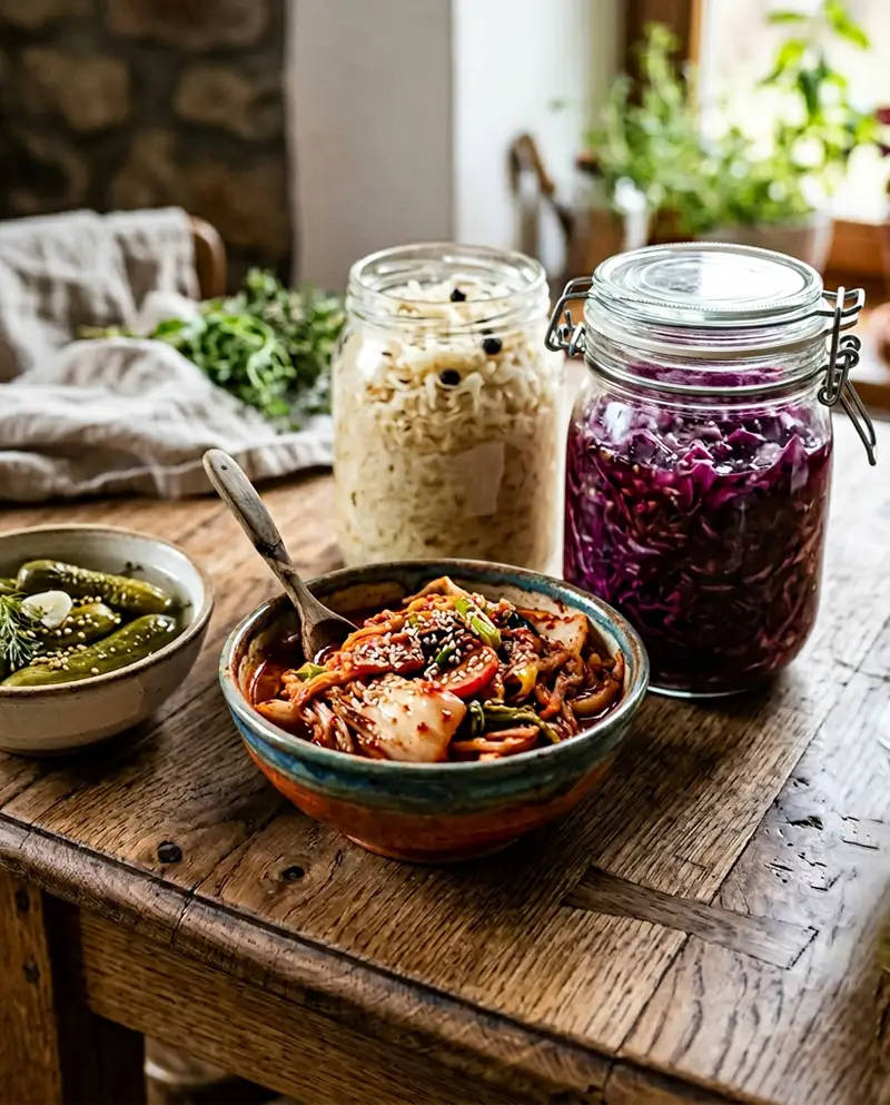 Fermentovaná a kvašená zelenina (bílé a červené zelí, kimchi, nakládané okurky) – přírodní probiotika pro zdravá střeva.
