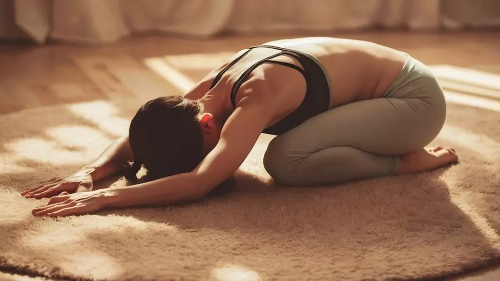 Žena cvičí na podložce v leže a provádí jemné pohyby pro úlevu od menstruačních bolestí