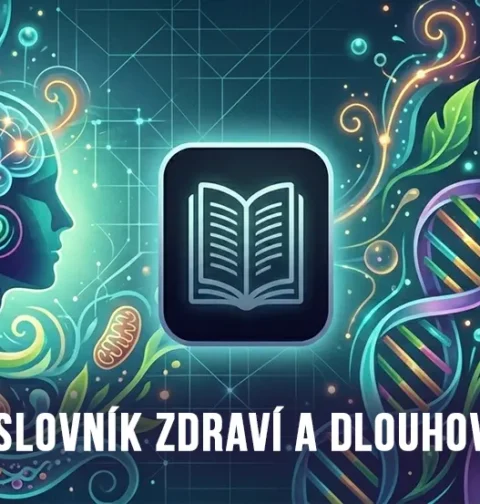 Abstraktní vizualizace biohackingu, buněčné biologie a cesty k dlouhověkosti na webu Změna myšlení.