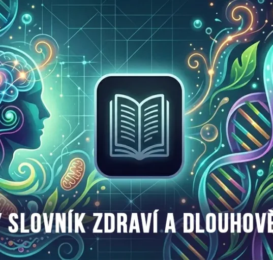 Abstraktní vizualizace biohackingu, buněčné biologie a cesty k dlouhověkosti na webu Změna myšlení.