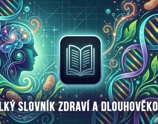 Abstraktní vizualizace biohackingu, buněčné biologie a cesty k dlouhověkosti na webu Změna myšlení.
