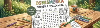 Lesní osmisměrka a omalovánka pro děti ke stažení zdarma v PDF.