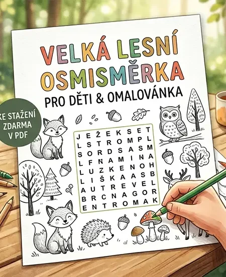 Lesní osmisměrka a omalovánka pro děti ke stažení zdarma v PDF.