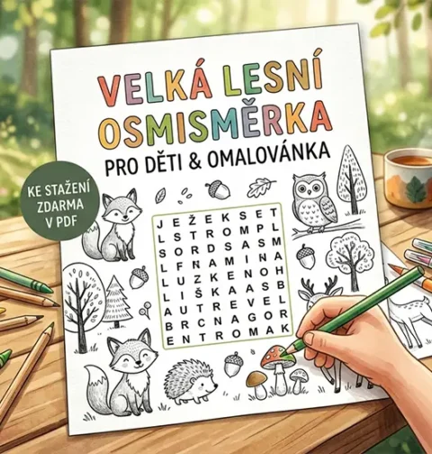 Lesní osmisměrka a omalovánka pro děti ke stažení zdarma v PDF.