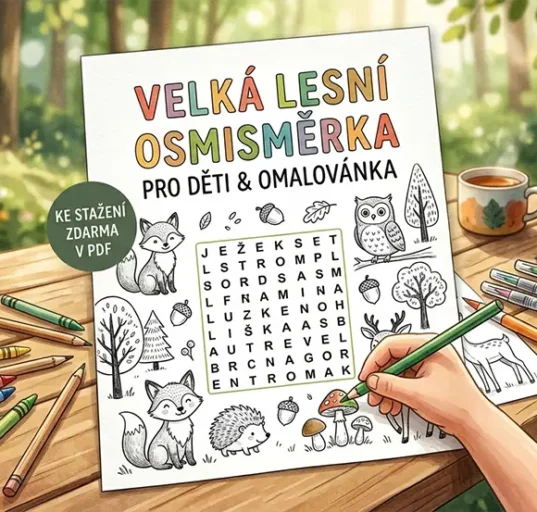 Lesní osmisměrka a omalovánka pro děti ke stažení zdarma v PDF.