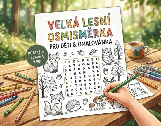 Lesní osmisměrka a omalovánka pro děti ke stažení zdarma v PDF.