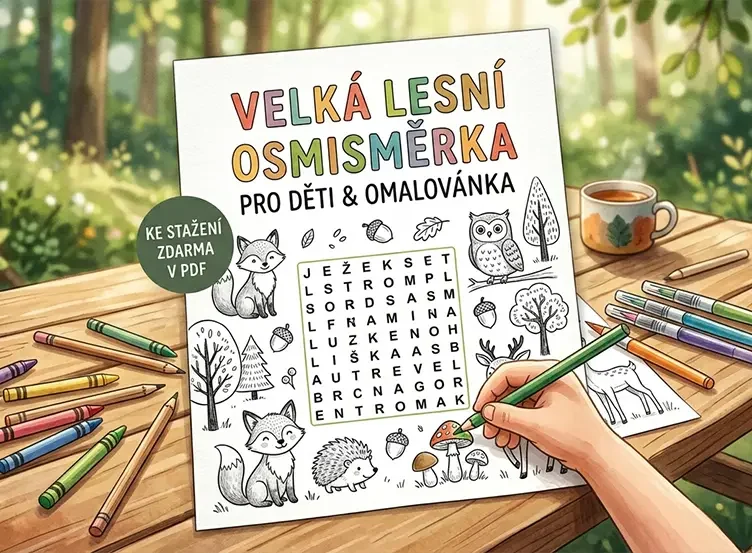 Lesní osmisměrka a omalovánka pro děti ke stažení zdarma v PDF.