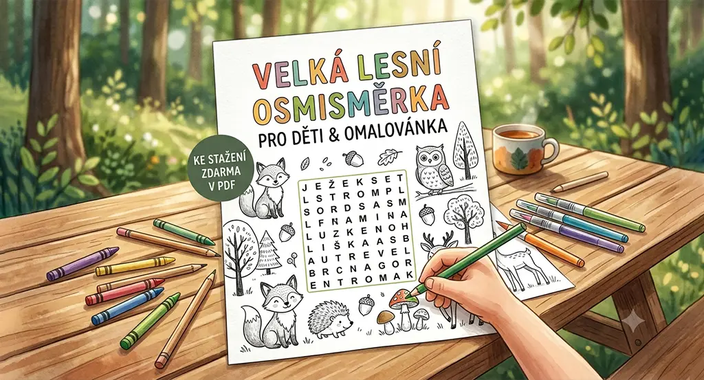 Lesní osmisměrka a omalovánka pro děti ke stažení zdarma v PDF.