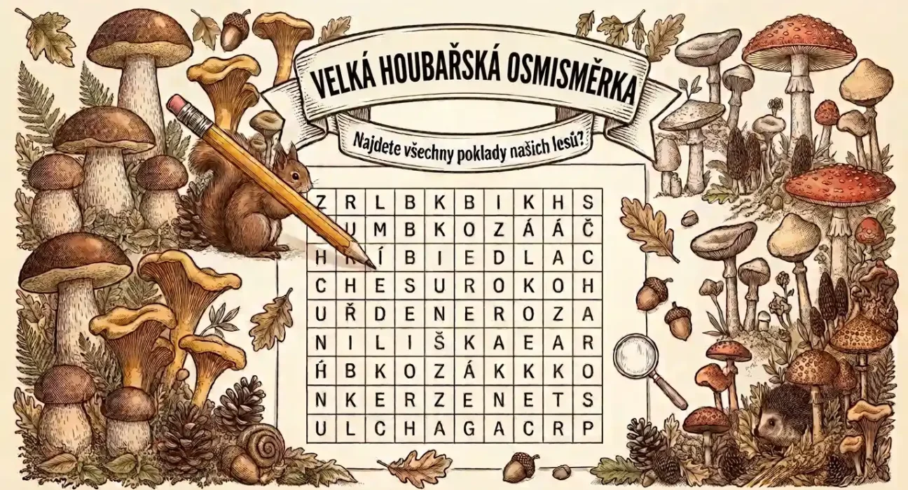 Náhled velké houbařské osmisměrky ke stažení zdarma v PDF k vytisknutí.